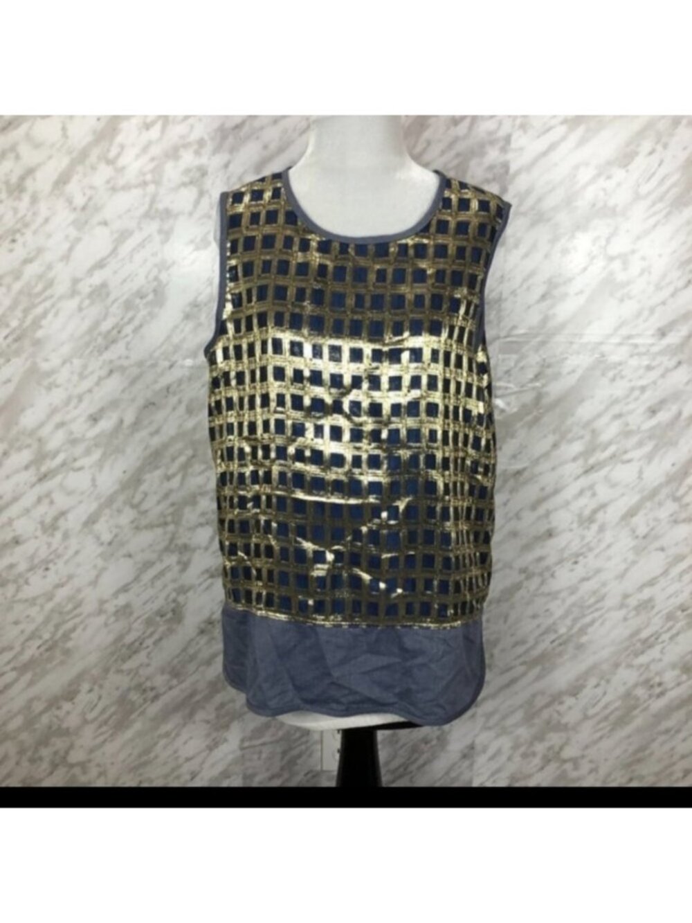 MaxMara Plaid Sleeveless Top - Size 10 - Plaid, Gold, blue - Picture 2 of 8